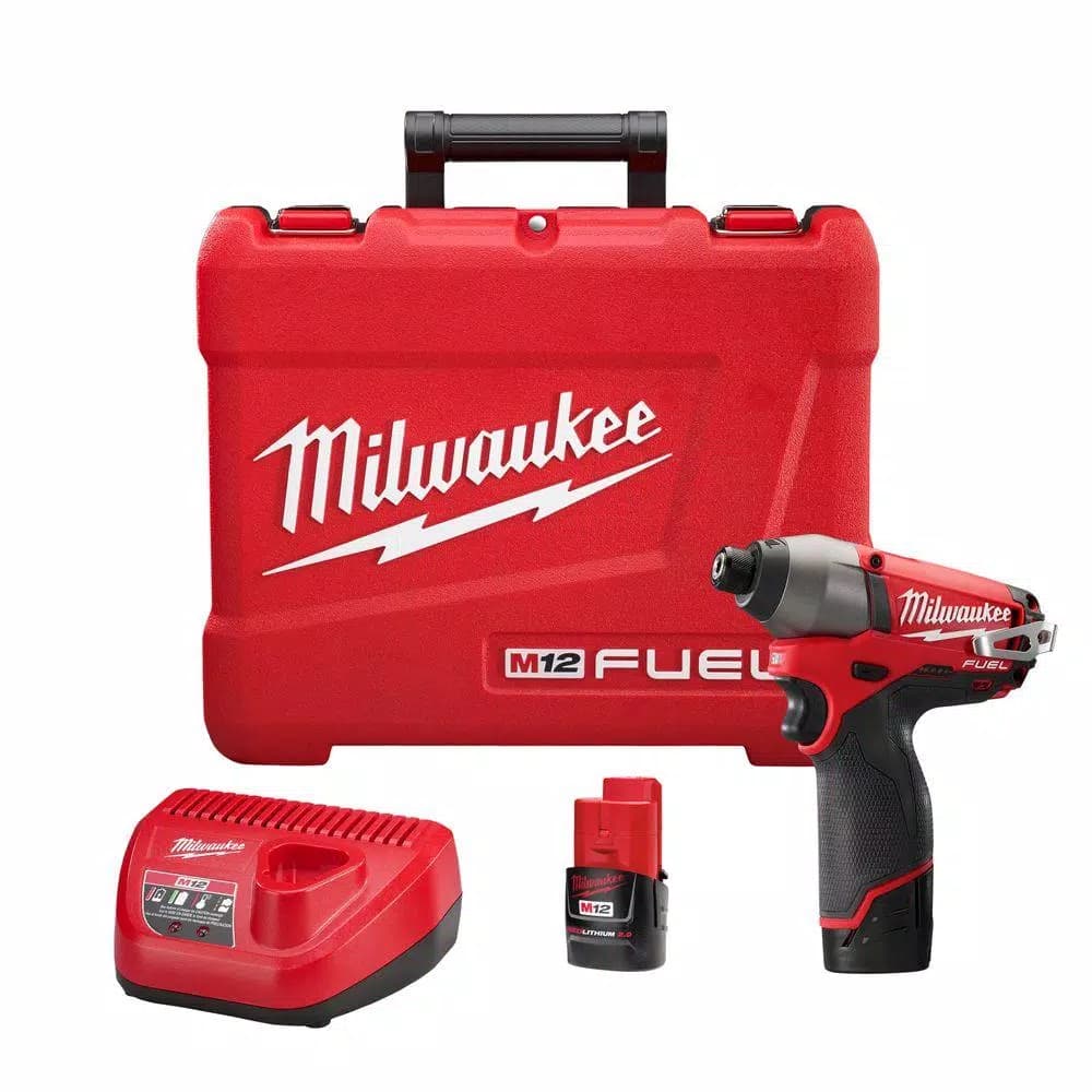 Milwaukee M12 FUEL 1/4 in. Hex Brushless Cordless Impact Driver Kit with (2) 2.0 Ah Batteries, Charger & Case