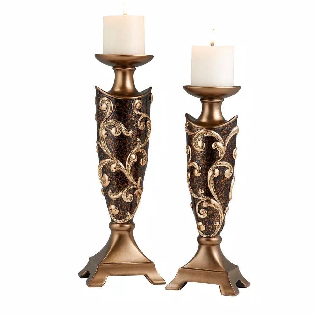 Unbranded Odysseus Baroque Pillar Candle Holder Set of 2, 14 in. and 16 in., Brown and Gold Floral Filigree