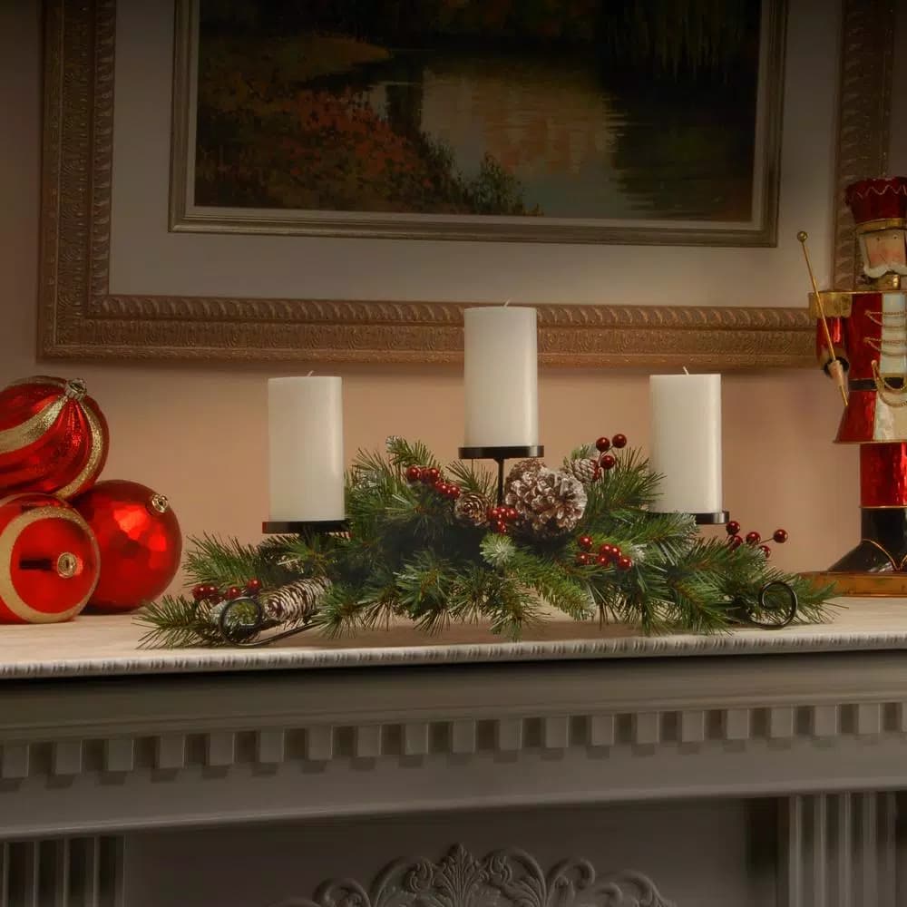 National Tree Company 30 in. Frosted Berry and Evergreen Centerpiece with 3-Candle Holder