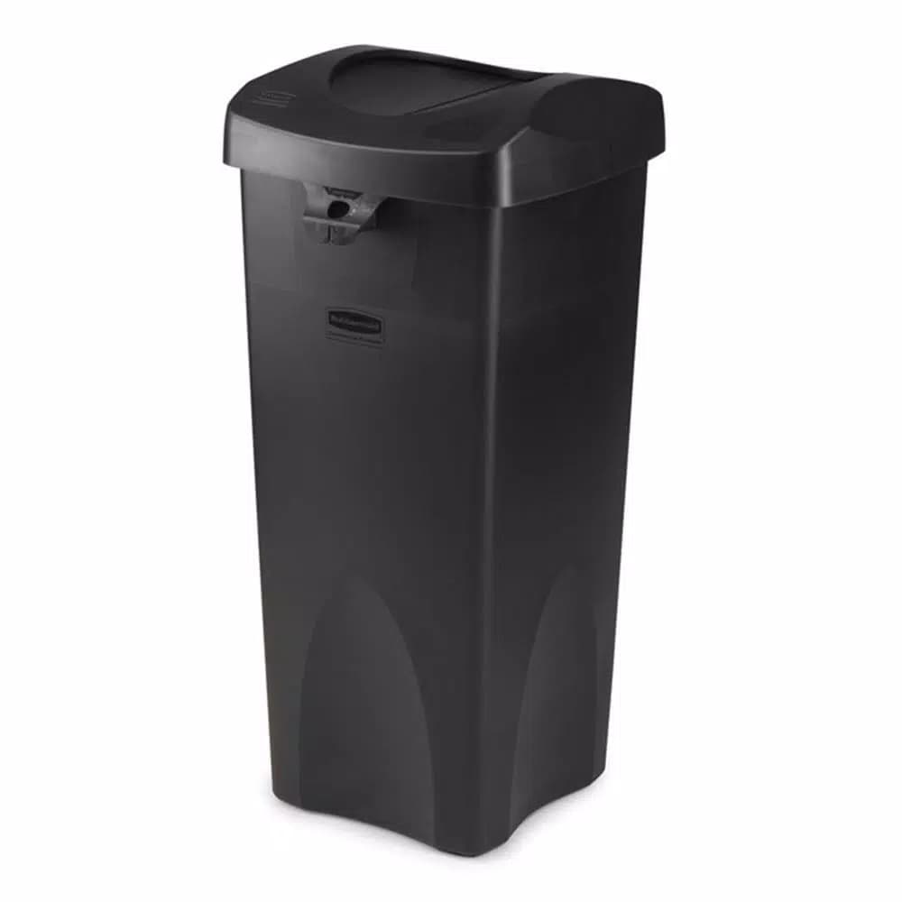 Rubbermaid Commercial Products Untouchable 23 Gal. Black Square Trash Can Swing Top Lid