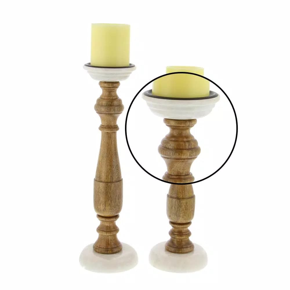 LITTON LANE New Traditional Mango Wood and White Marble Candle Holder Set of 2