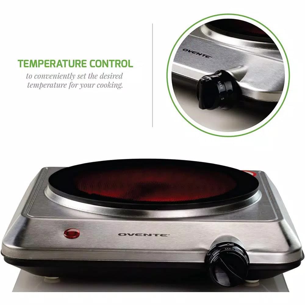 Ovente 1000W Electric Infrared Single Burner Cooktop, Silver Ceramic Glass Hot Plate