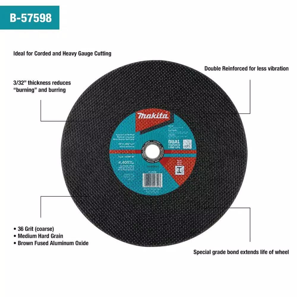 Makita 14 in. x 1 in. x 3/32 in. Abrasive Cut-Off Wheel, 36 Grit (5-Pack)