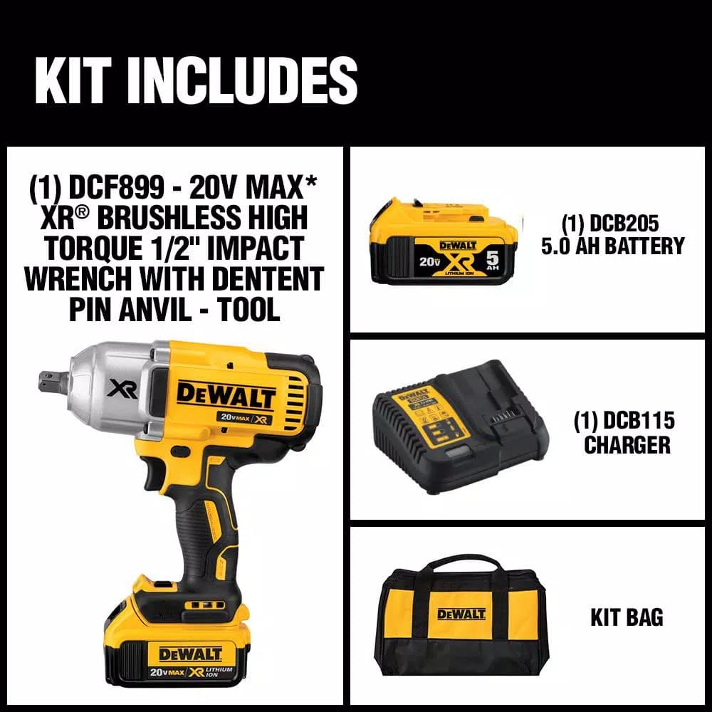 DEWALT 20V MAX XR 1/2 in. High Torque Brushless Cordless Impact Wrench Kit with 5.0Ah Battery