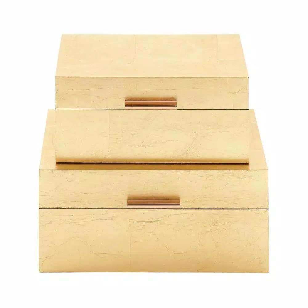 CosmoLiving by Cosmopolitan Metallic Gold Decorative Wooden Boxes, Set of 2, Rectangular Gold Leaf Finish