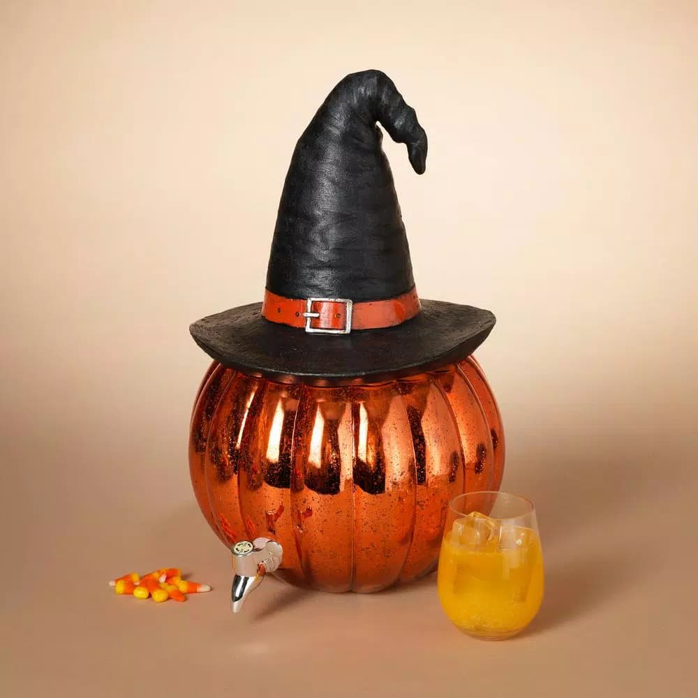 Gerson Halloween 17 in. Orange Glass Pumpkin Beverage Dispenser with Witch Hat