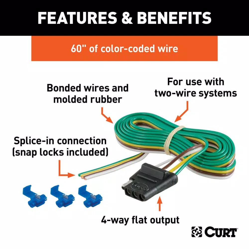 CURT 4-Way Flat Trailer Connector Socket with 60" Wires and Installation Hardware