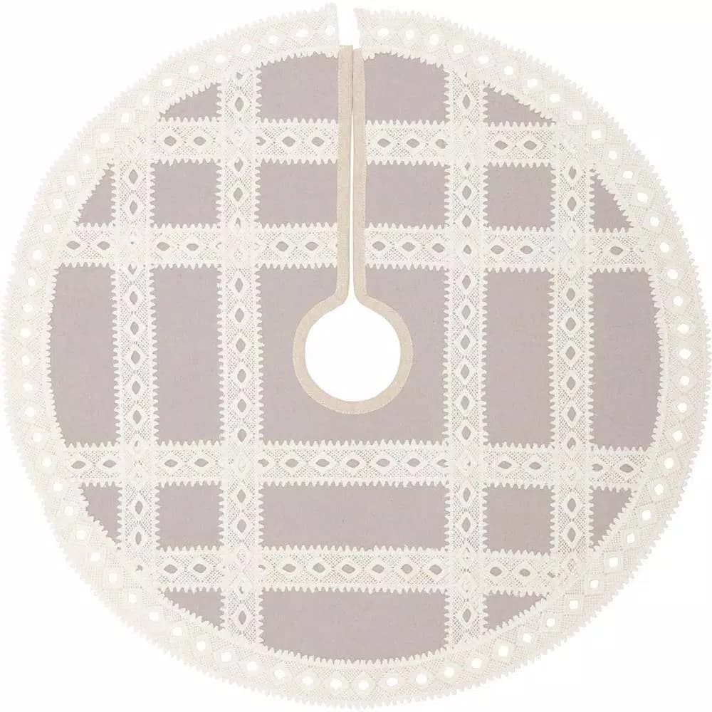 VHC Brands 21 in. Grey Margot Farmhouse Christmas Tree Skirt with Diamond Cut Lace