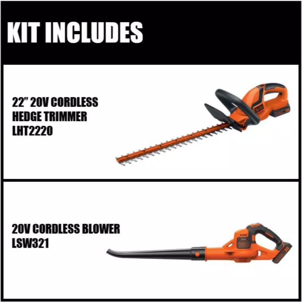 Black+Decker 22 in. 20V Max Cordless Hedge Trimmer Kit with (2) 1.5Ah Batteries, Charger, and Bonus Blower