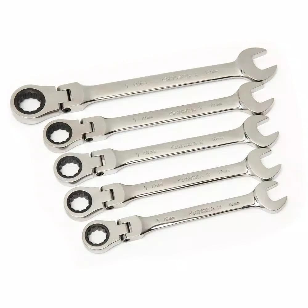Husky 5-Piece Large Metric Flex Head Ratcheting Wrench Set, 16-21mm