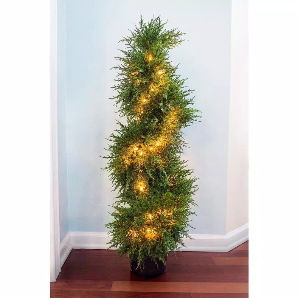 Nearly Natural 43 in. Cedar Spiral Topiary with Lights, Green Artificial Plant in Black Pot