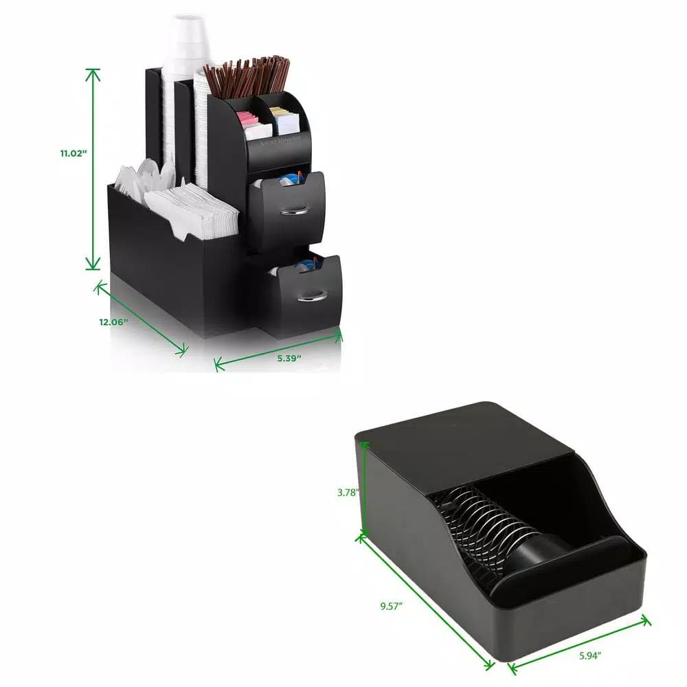 Mind Reader Black Coffee and Condiment Organizer with Integrated Sleeve Dispenser, Compact Space-Saving Design