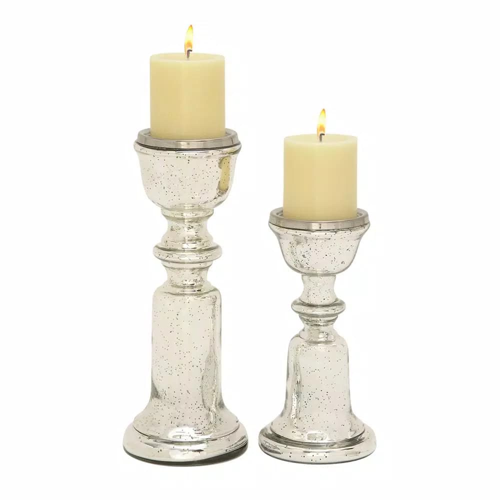LITTON LANE Silver Glass Bell-Shaped Base Candle Holders, Set of 2