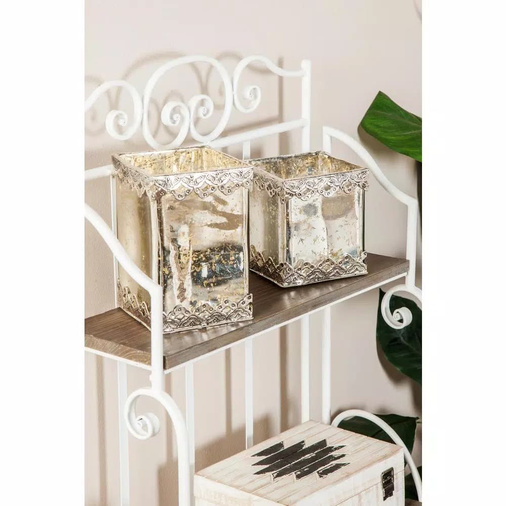 LITTON LANE White Cuboid Glass Candle Holders with Silver Ornate Details, Set of 2