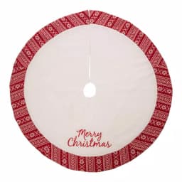 Glitzhome 48 in. White Fleece Christmas Tree Skirt with Jacquard Trim - Merry Christmas thumbnail 1