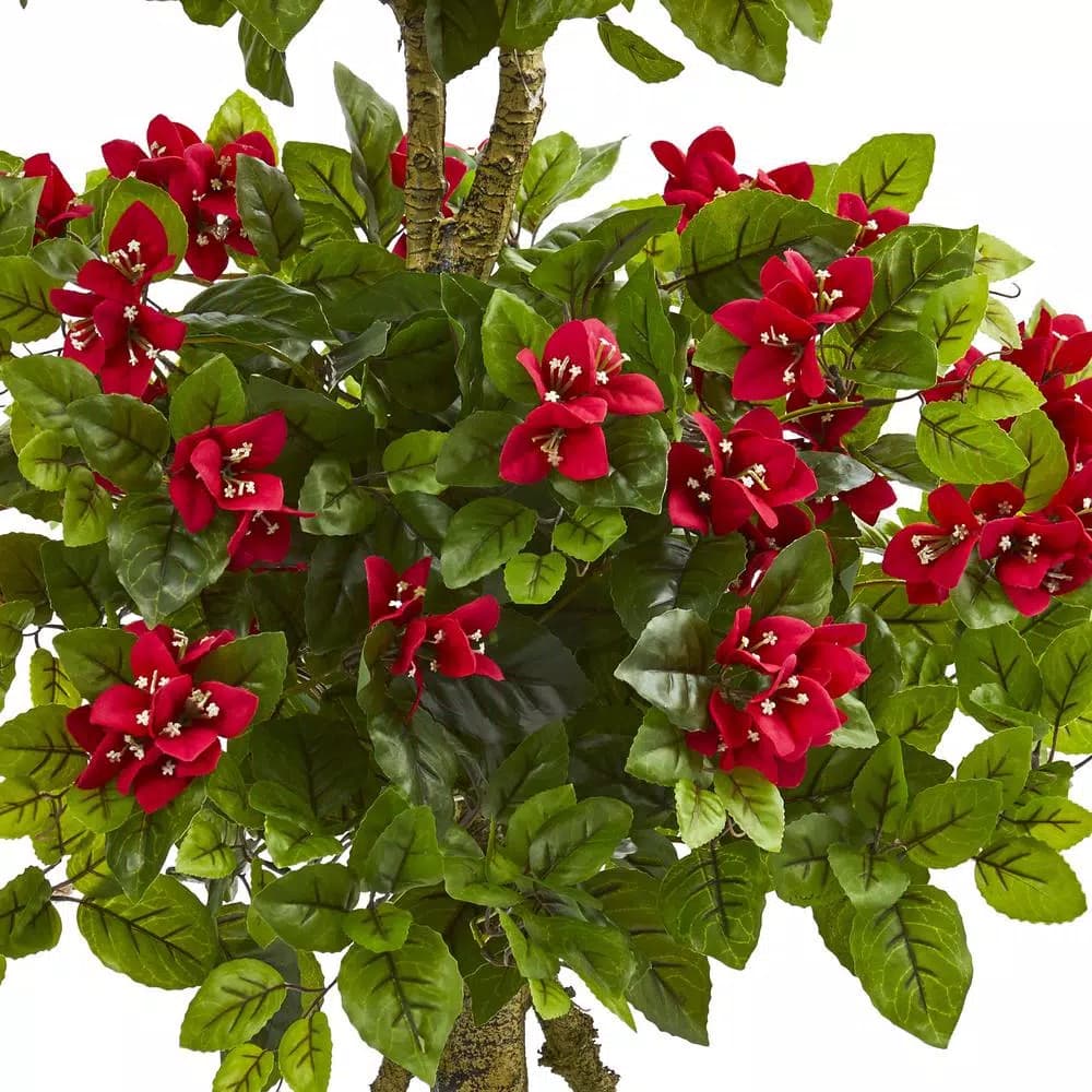 Nearly Natural 48 in. Double Bougainvillea Artificial Topiary Tree in Black Pot, Red Blooms