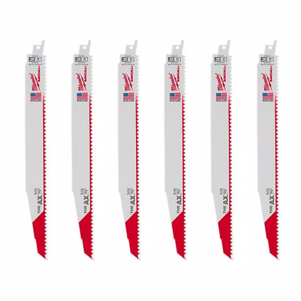 Milwaukee AX Carbide Tipped Reciprocating Saw Blades, 12 in., 5 TPI, Nail-Embedded Wood, 6 Pack