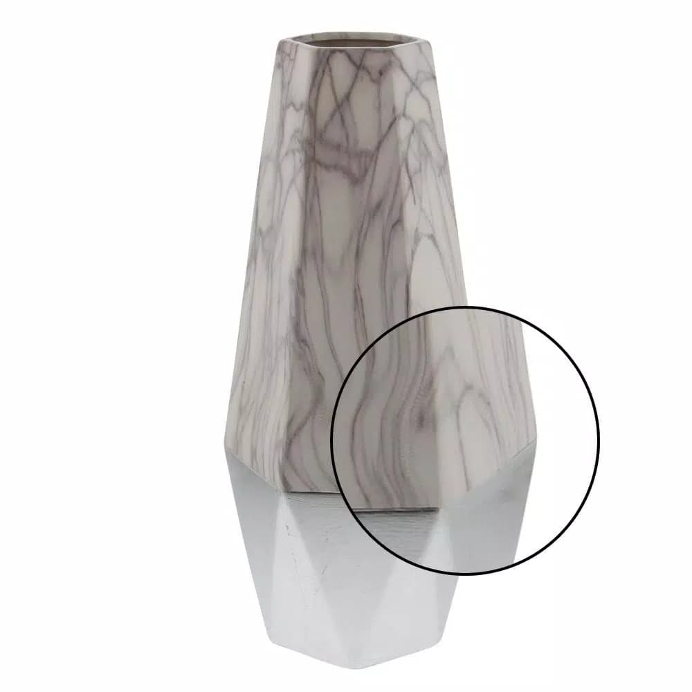 LITTON LANE Modern Reflections 18 in. Ceramic Geometric Vase - White and Silver Marbled Finish