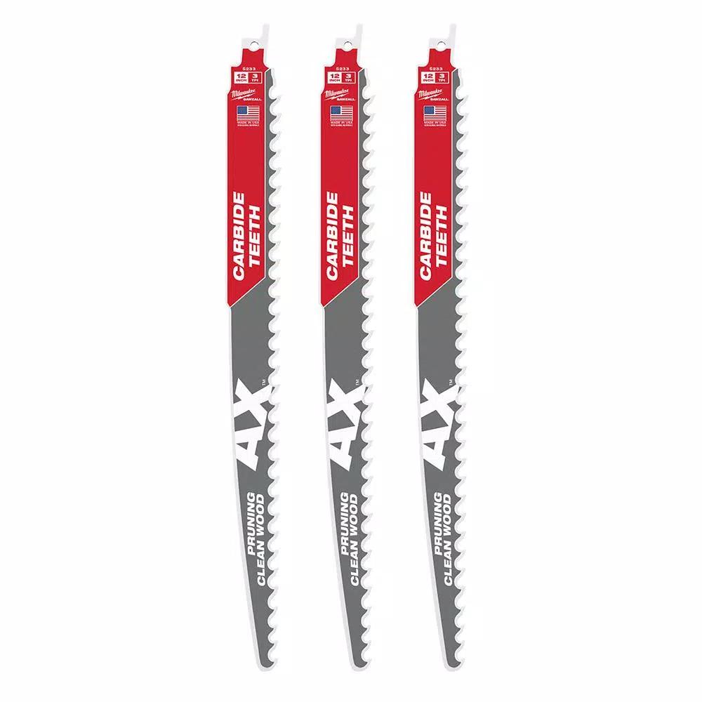 Milwaukee 12 in. Carbide Teeth Pruning Reciprocating Saw Blade, 3 TPI (3-Pack)