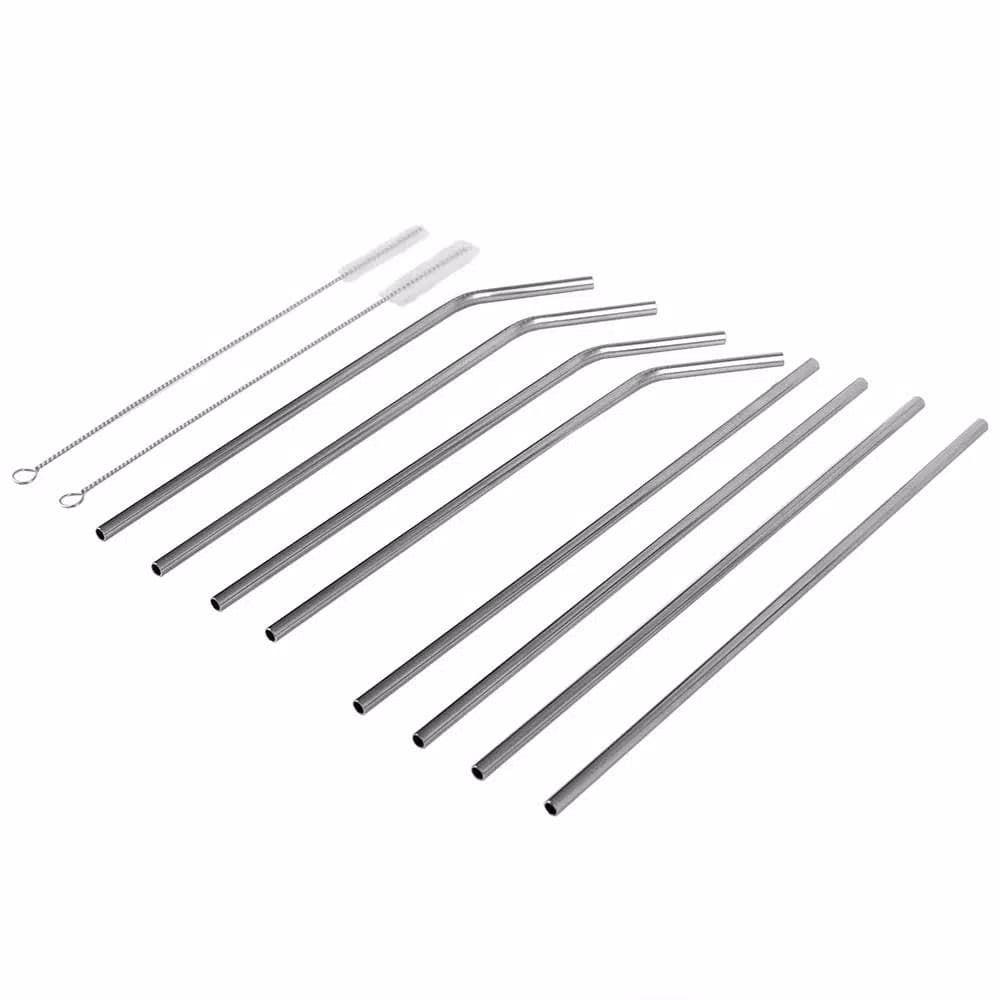 Unbranded Silver Reusable Stainless Steel Drinking Straw Set - 8 Piece Set with Cleaning Brushes