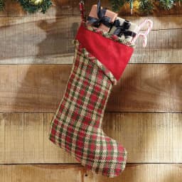 VHC Brands 15 in. Claren Cherry Red Plaid Cotton Christmas Stocking with Gold Metallic Thread thumbnail 2