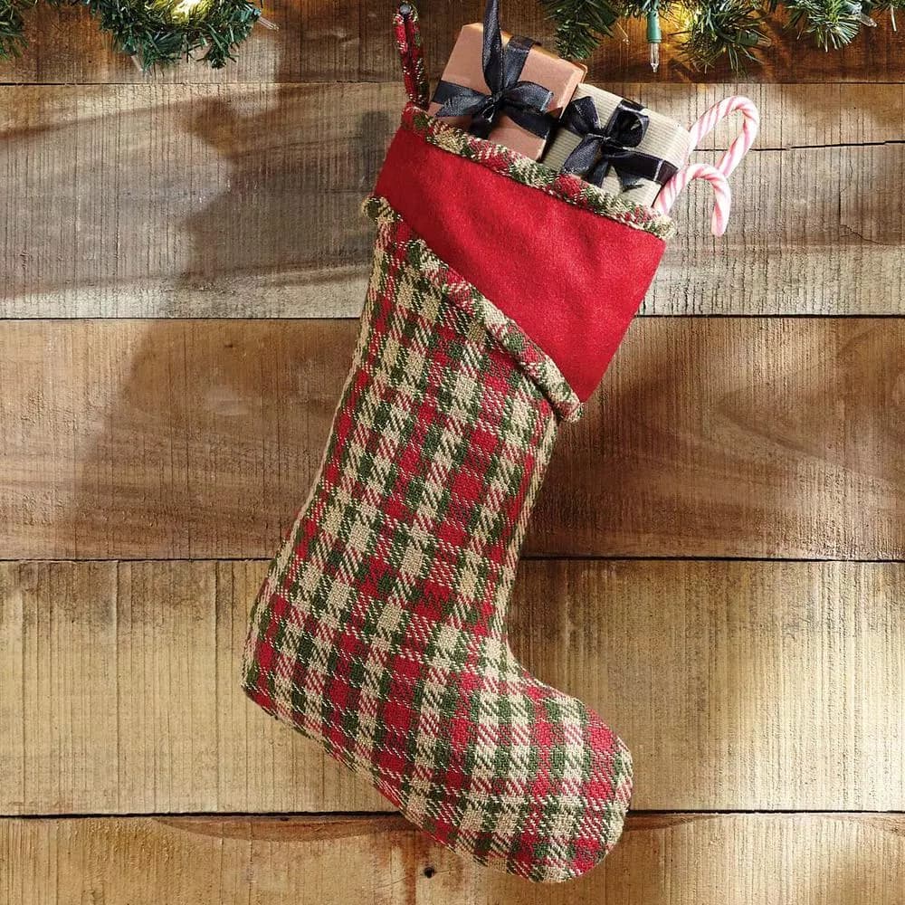 VHC Brands 15 in. Claren Cherry Red Plaid Cotton Christmas Stocking with Gold Metallic Thread