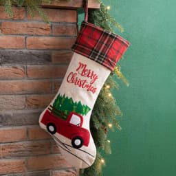 Glitzhome 21 in. Embroidered Linen Christmas Stocking - Red Truck, Tree & Plaid Design thumbnail 7