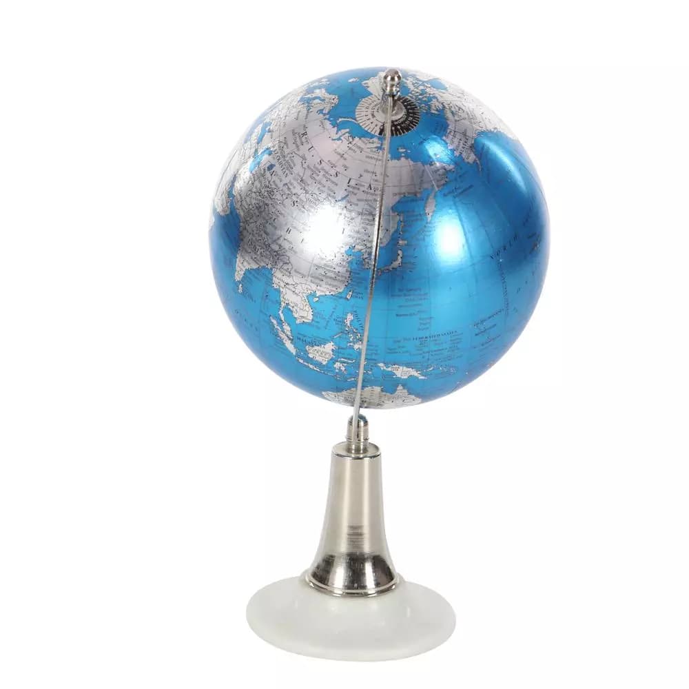 LITTON LANE Modern Reflections 15 in. Blue and Silver Decorative Globe with White Marble Base