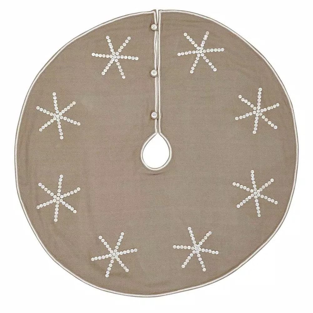 VHC Brands 48 in. Pearlescent Natural Tan Coastal Christmas Tree Skirt with Snowflake Pearl Buttons
