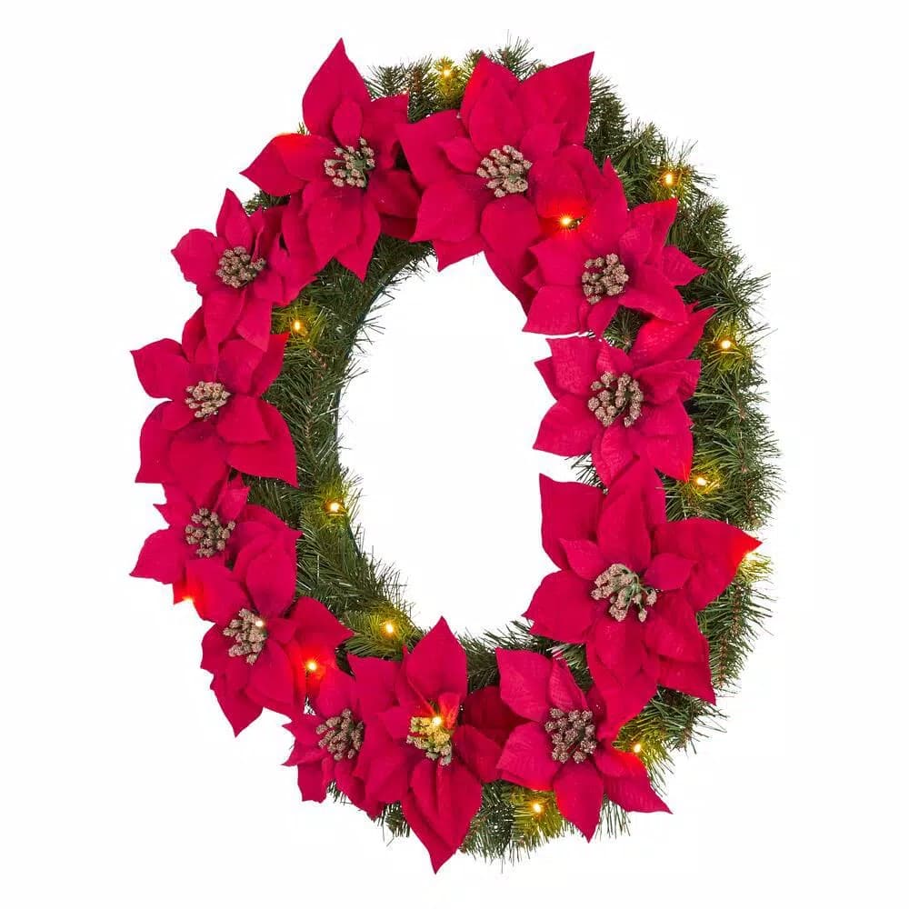 Home Accents Holiday 30 in. Berry Bliss Pre-Lit LED Artificial Christmas Wreath with Red Poinsettias