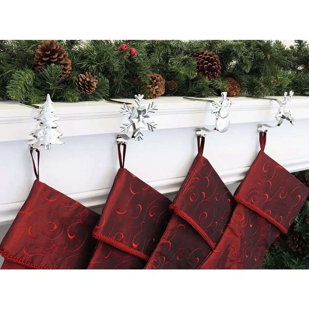 Haute Decor Silver MantleClip Stocking Holder with Assorted Holiday Icons, 4-Pack