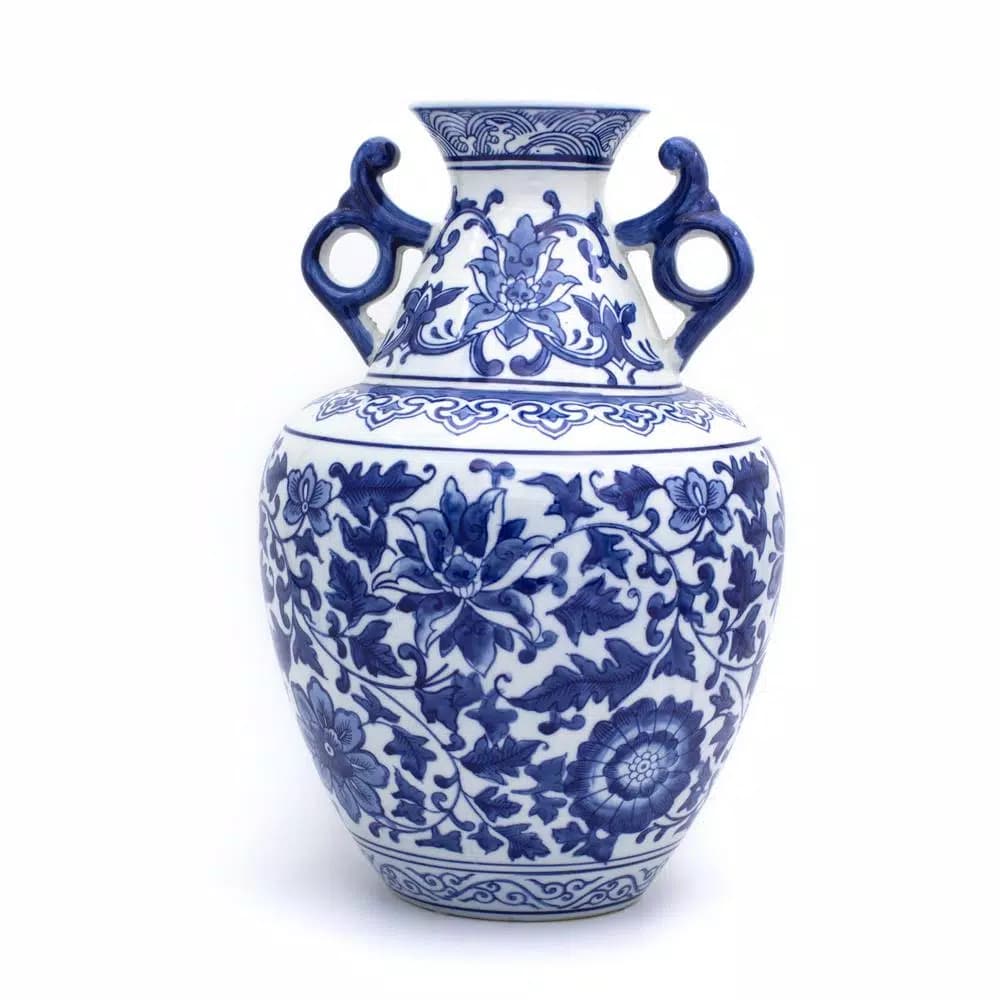 Unbranded Blue Garden White Lotus 2-Handle Porcelain Amphora Vase, Blue and White Floral Design