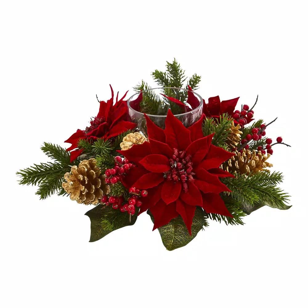 Nearly Natural Poinsettia, Berry and Golden Pine Cone Candelabrum Artificial Centerpiece Arrangement