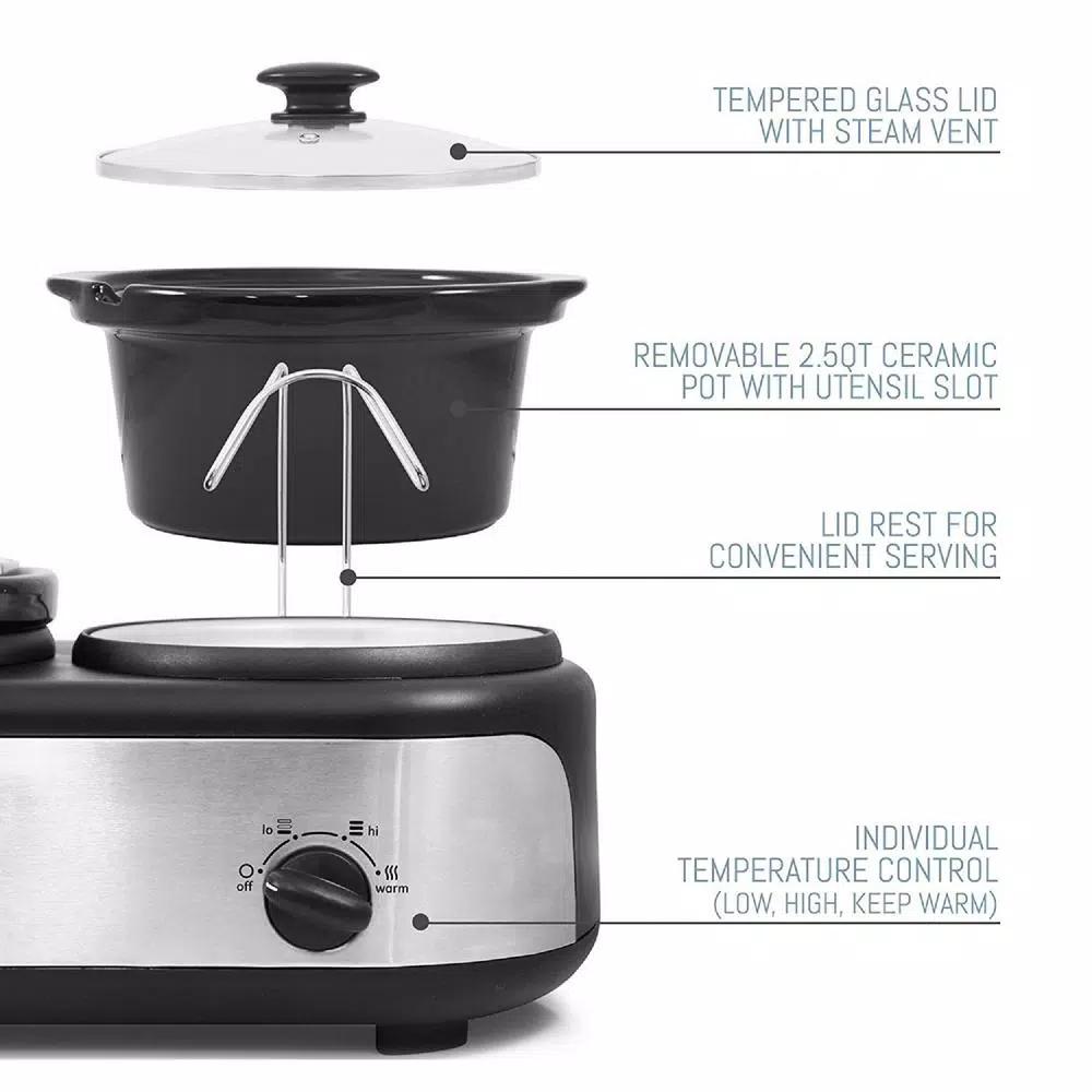 Elite Platinum 7.5 Qt. Triple Slow Cooker Buffet with 3 Stoneware Crocks and Lid Rests, Black Stainless Steel
