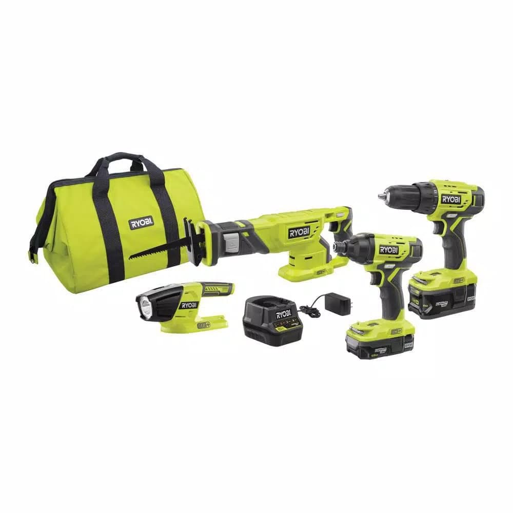 RYOBI 18V ONE+ Cordless 4-Tool Combo Kit with 70-Piece Bonus Impact Rated Driving Kit