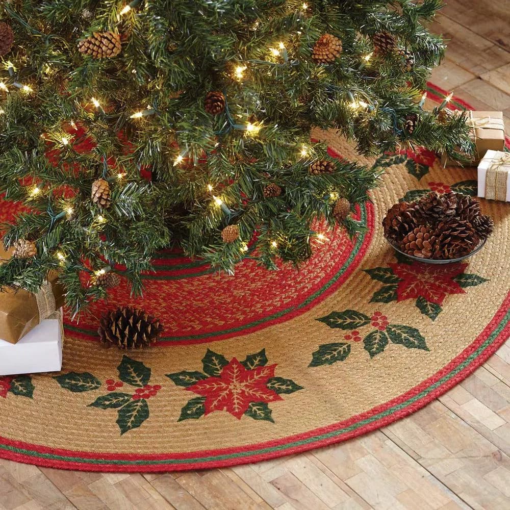 VHC Brands 50 in. Poinsettia Natural Tan Jute Tree Skirt with Holly Berry Red and Forest Green Stencil