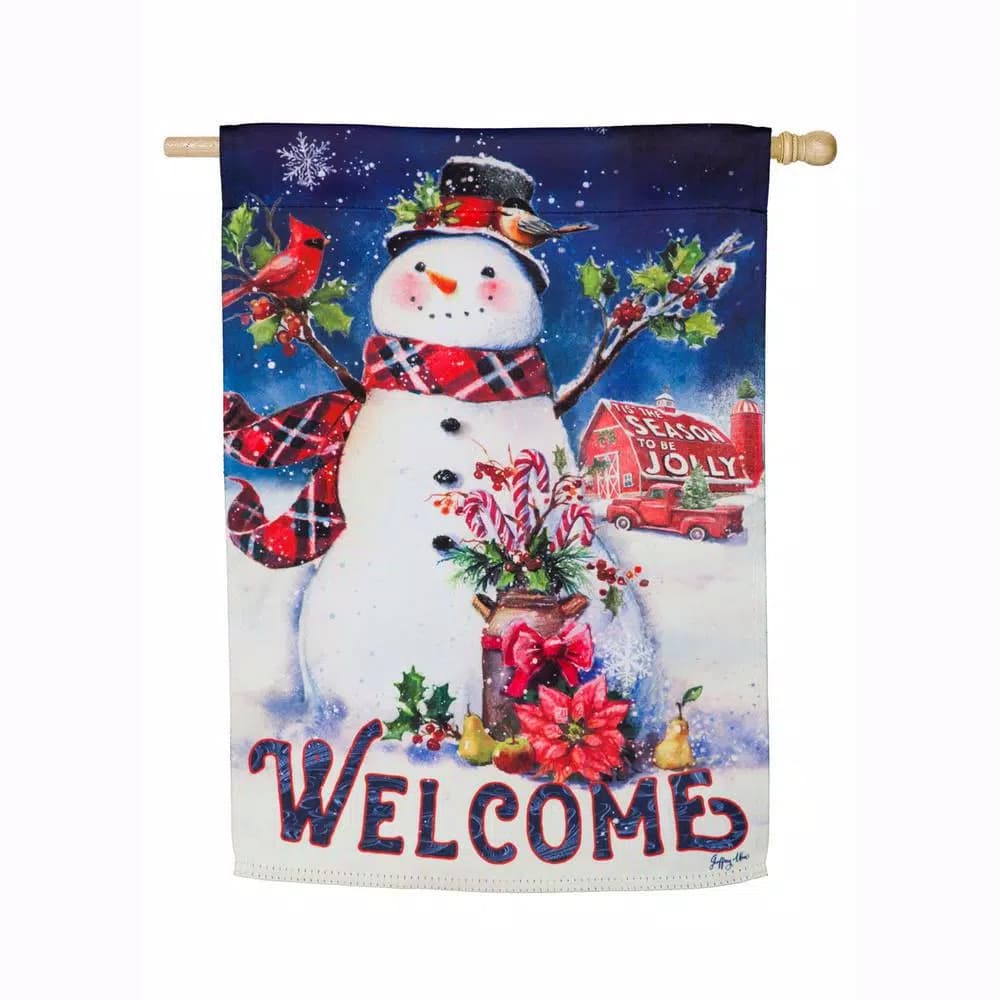 Evergreen 28 in. x 44 in. Christmas Barn Snowman House Suede Flag, Double-Sided Indoor/Outdoor Holiday Decor
