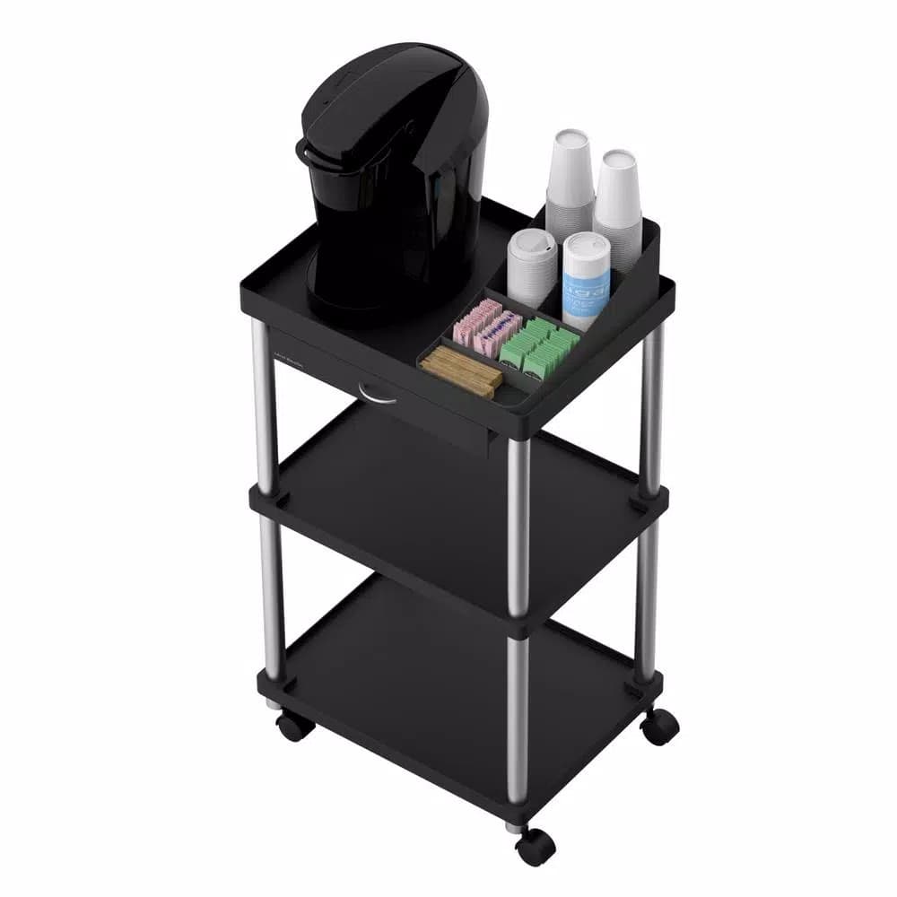 Mind Reader 3-Tier 7-Compartment Rolling Black Coffee Cart with Storage Drawer