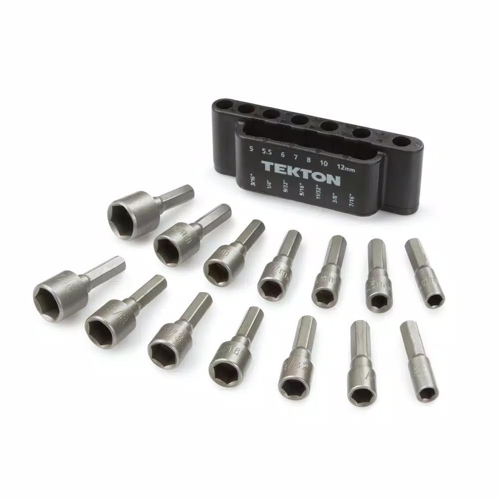 TEKTON 14-Piece Power Nut Driver Bit Set, 3/16 in. to 7/16 in. and 5 mm to 12 mm, Hex Shank