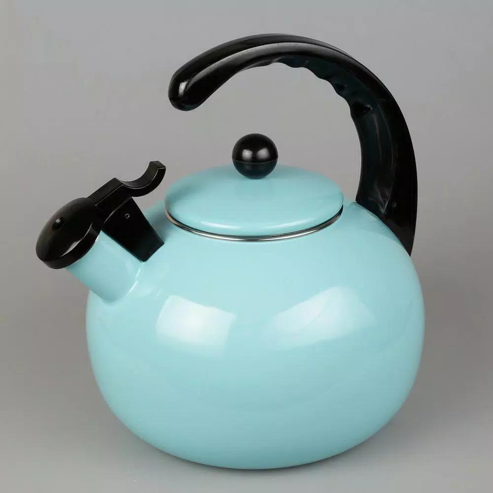 Creative Home Horizon 2.5 Qt. Porcelain Enamel on Steel Whistling Tea Kettle, Aqua Sky Blue