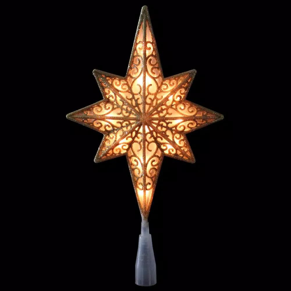 Northlight 10 in. Frosted Star of Bethlehem Christmas Tree Topper with Gold Scrolling and Clear Mini Lights