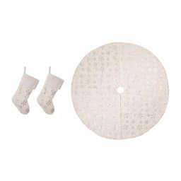 Unbranded 48 in. White Plush Tree Skirt and 2 Stockings Set with Snowflake Embroidery and Beaded Design thumbnail 1