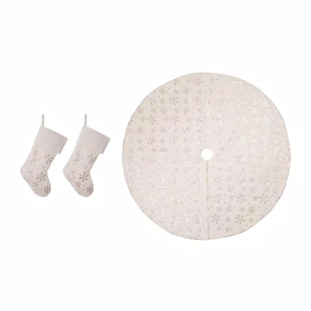 Unbranded 48 in. White Plush Tree Skirt and 2 Stockings Set with Snowflake Embroidery and Beaded Design