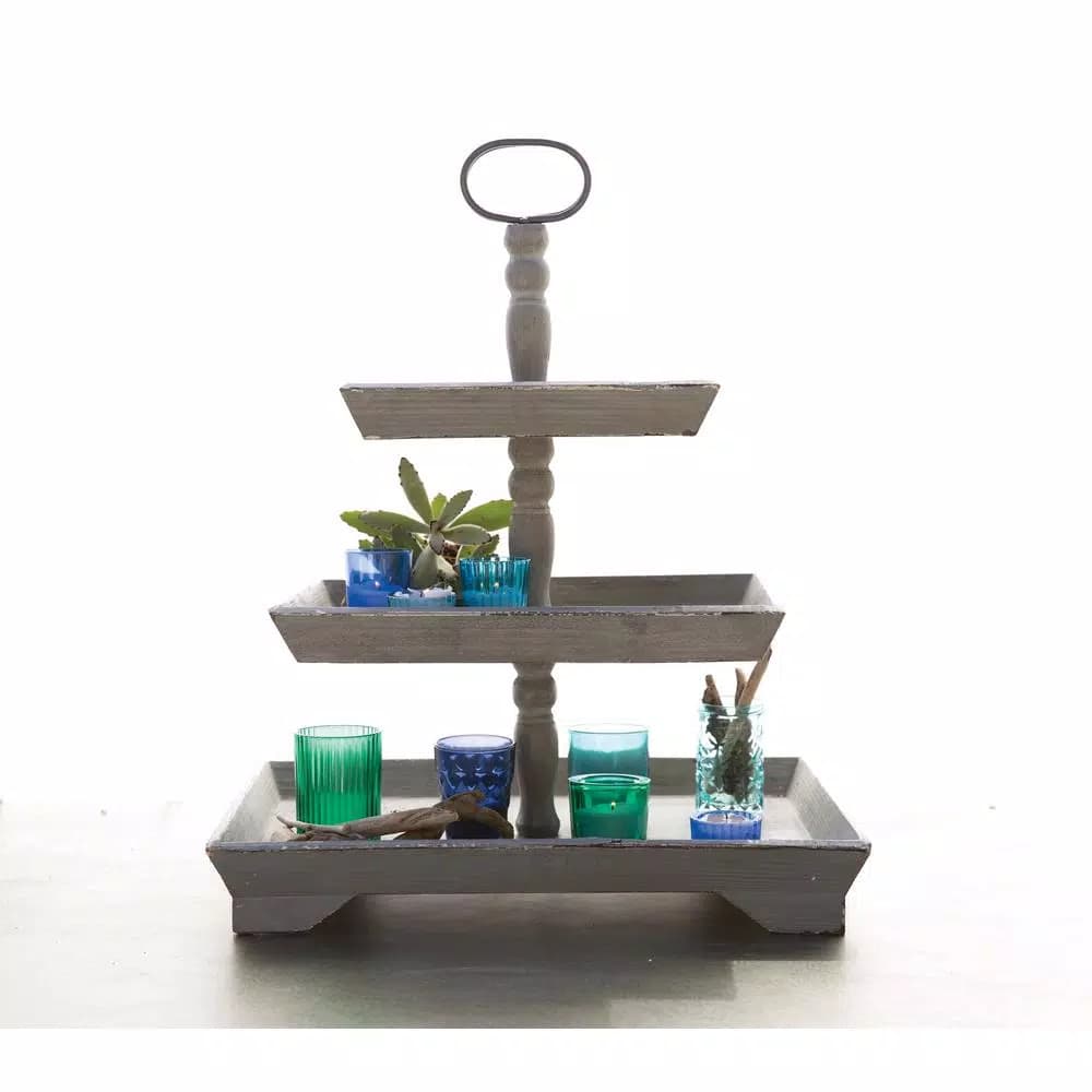 3R Studios Bungalow Lane Grey 3-Tier Decorative Tray with Distressed Wood & Metal Construction