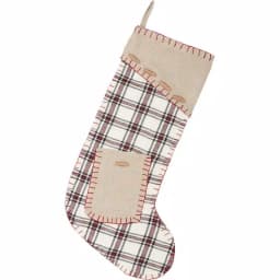 VHC Brands 20 in. Amory Ivory and Plaid Cotton Farmhouse Christmas Stocking with Pocket thumbnail 1