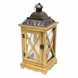 Gerson 17.5 in. Rustic Wooden Lantern with Brown Metal Top and LED Flameless Pillar Candle with Timer thumbnail 2