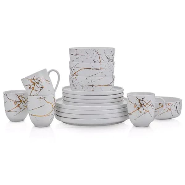 Stone Lain 16-Piece Porcelain Dinnerware Set, Gold Splash White Round Dishes for 4