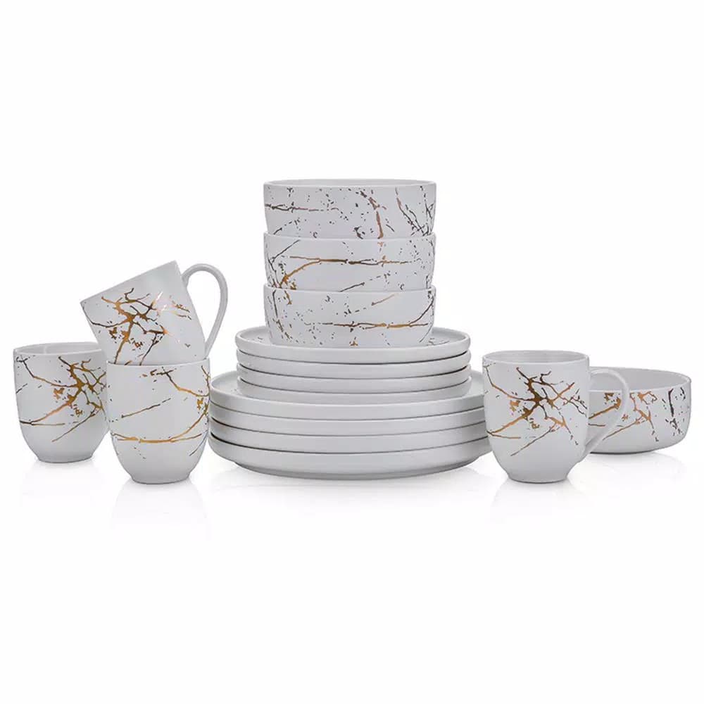 Stone Lain 32-Piece Porcelain Dinnerware Set, Gold Splash White Round Dishes for 8