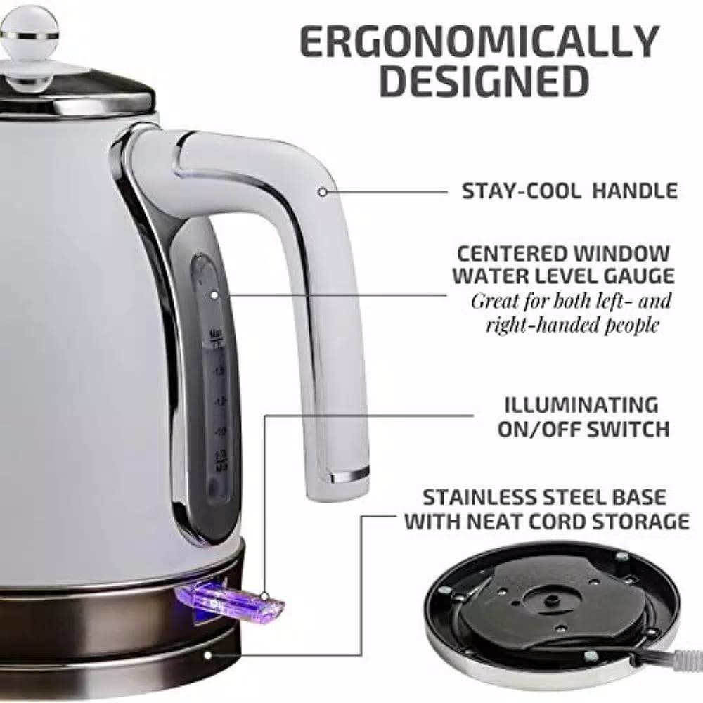 Ovente KS777 1.7L Electric Kettle, 1500W Stainless Steel Water Boiler with Auto Shut-Off and Removable Filter, White