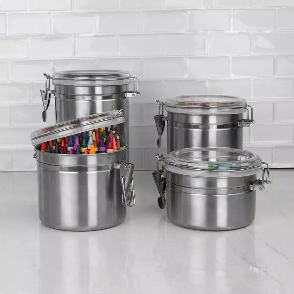 Home Basics Stainless Steel 4-Piece Canister Set with Airtight Translucent Lids